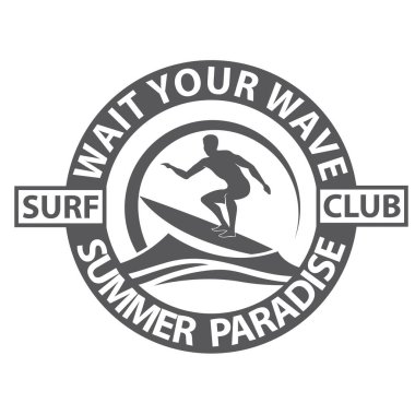 Sörfçü adam amblemi beyaz arka planda izole edilmiş deniz dalgası