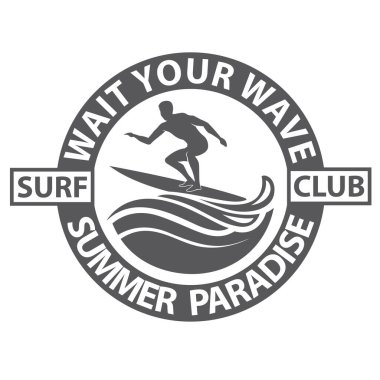 Sörfçü adam amblemi beyaz arka planda izole edilmiş deniz dalgası