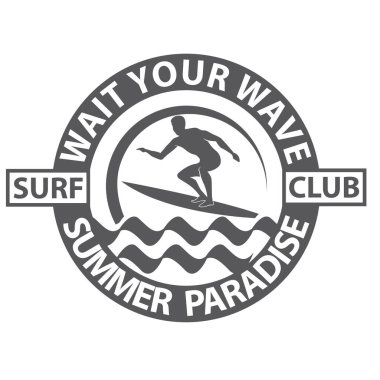 Sörfçü adam amblemi beyaz arka planda izole edilmiş deniz dalgası