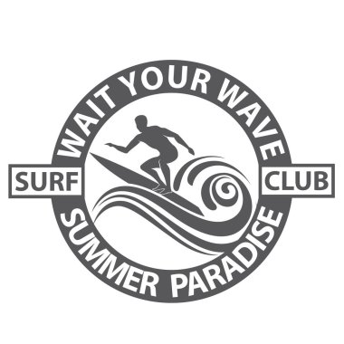 Sörfçü adam amblemi beyaz arka planda izole edilmiş deniz dalgası