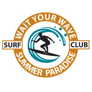 Sörfçü adam amblemi beyaz arka planda izole edilmiş deniz dalgası