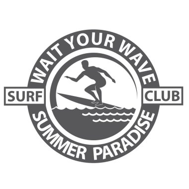 Sörfçü adam amblemi beyaz arka planda izole edilmiş deniz dalgası