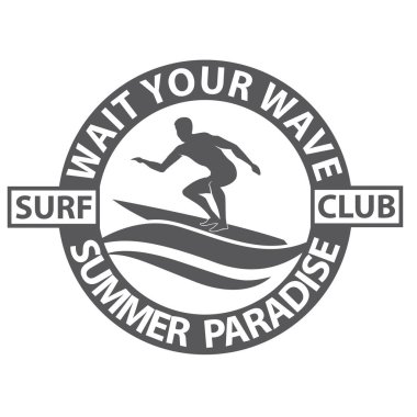 Sörfçü adam amblemi beyaz arka planda izole edilmiş deniz dalgası