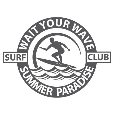 Sörfçü adam amblemi beyaz arka planda izole edilmiş deniz dalgası