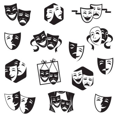 collection of comedy and tragedy theatrical masks isolated on white background clipart