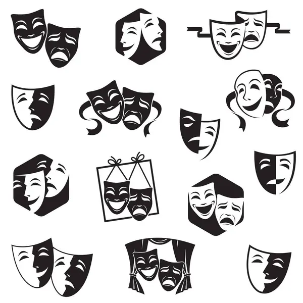 Colección Comedia Tragedia Máscaras Teatrales Aisladas Sobre Fondo Blanco — Vector de stock