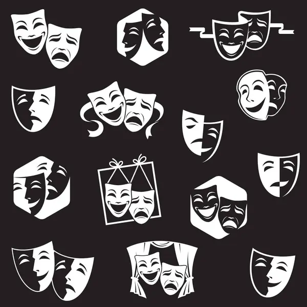 Siyah arka planda izole edilmiş komedi ve trajedi tiyatro maskeleri koleksiyonu