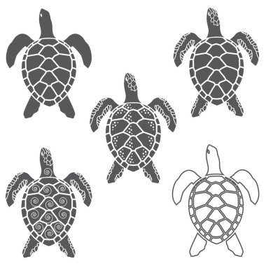 Beyaz arkaplanda izole edilmiş deniz kaplumbağası simgeleri koleksiyonu