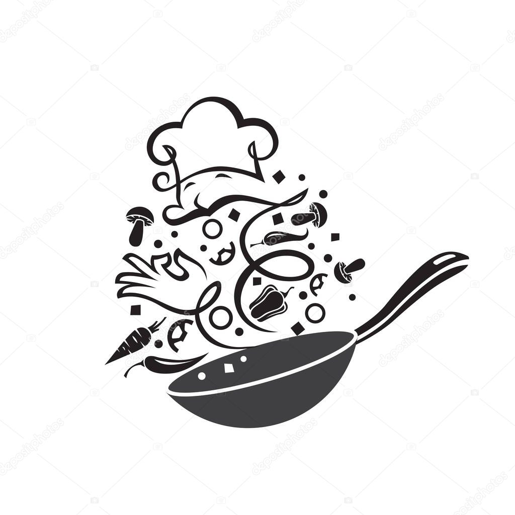 Cooking process of vegetables on pan isolated on white background