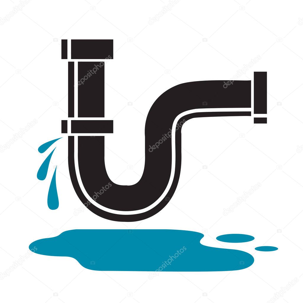 Plumbing service icon with leaking pipe and water puddle isolated on white background