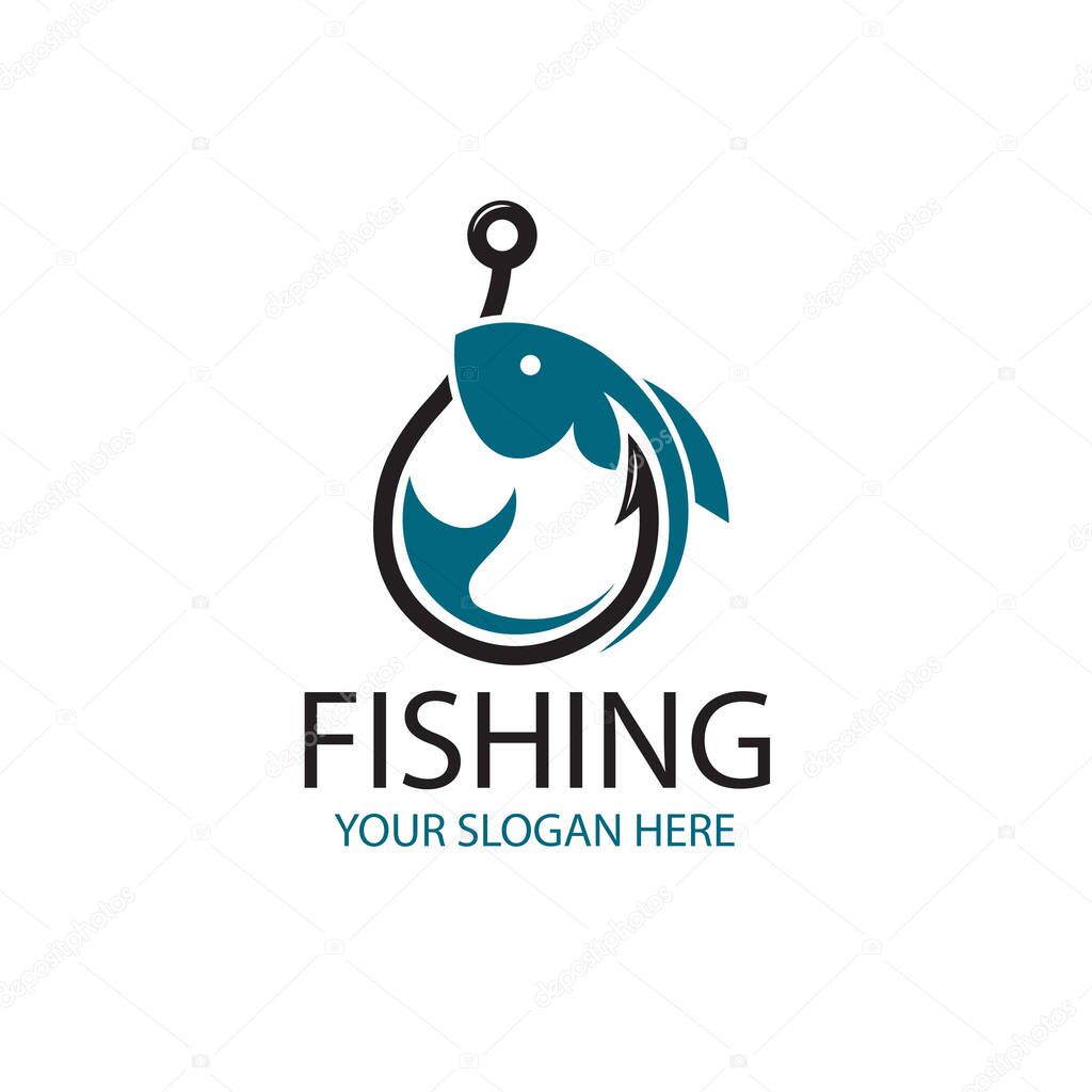 Fishing emblem with fish and hook isolated on white background