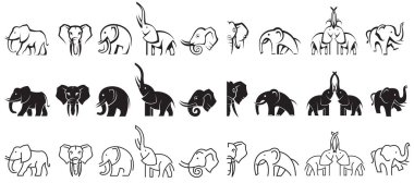Beyaz arkaplanda izole edilmiş tek renkli fil simgeleri koleksiyonu