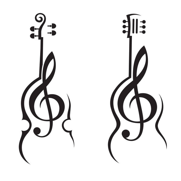 гитара и скрипка с скрипичным ключом на белом фоне