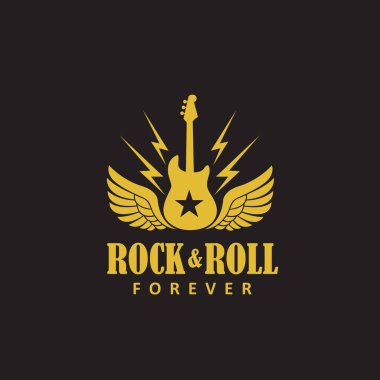 Siyah arka planda izole edilmiş kanatlı altın elektro gitar amblemi.