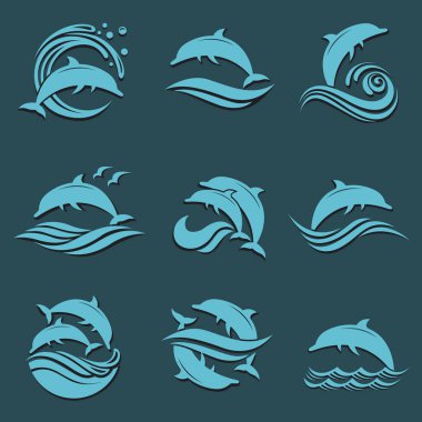 Koyu arkaplanda yunus ve deniz dalgaları amblemi olan koleksiyon