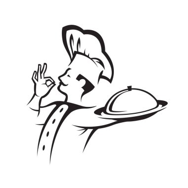 Beyaz arkaplanda tepsisi izole edilmiş siyah şef simgesi