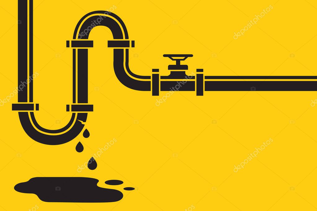 Plumbing service pattern with leaking pipe and water puddle isolated on yellow background