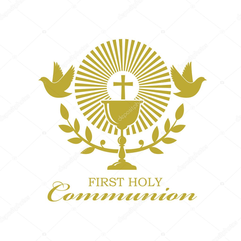 Holy communion gold icon with chalice and doves isolated on white background