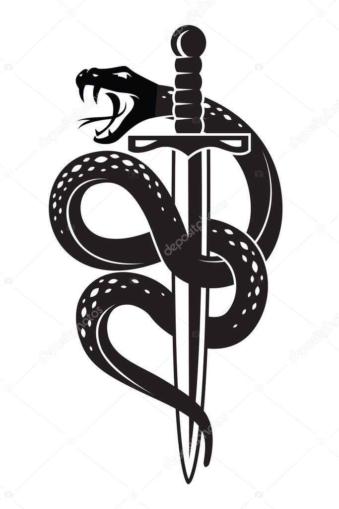 Snake and sword in tattoo style isolated on white background