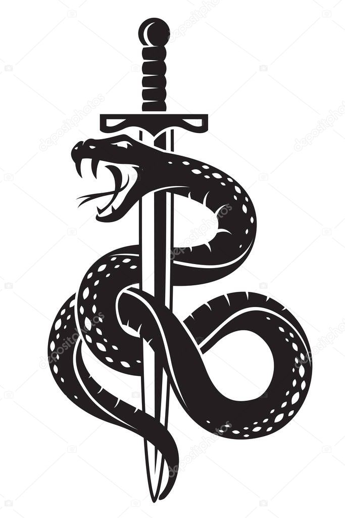 Snake and sword in tattoo style isolated on white background