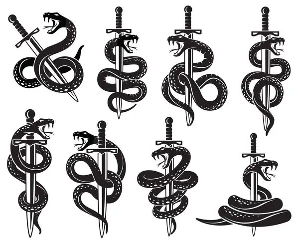 以白色背景隔离的纹身风格收集的蛇和剑 免版税图库矢量图片