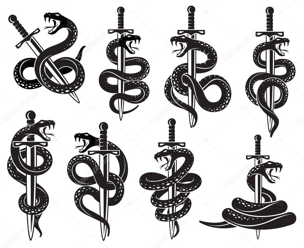 Collection of snake and sword in tattoo style isolated on white background