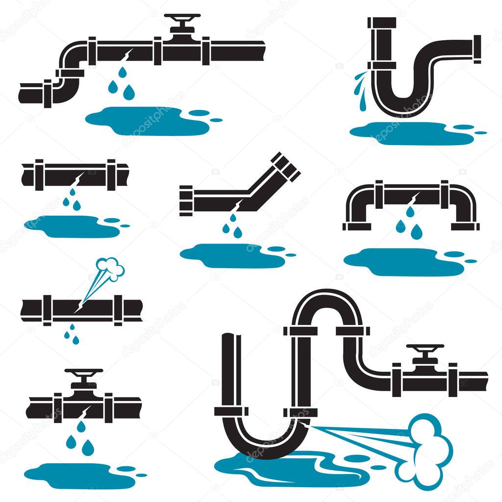Collection of plumbing service icon with leaking pipe and water puddle isolated on white background