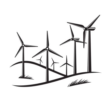 Beyaz zemin üzerinde rüzgar türbinleri olan yenilenebilir enerji simgesi