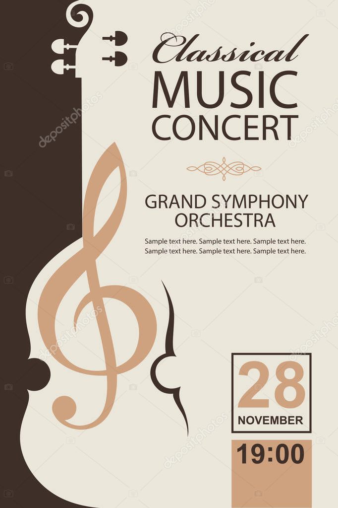 Classical music concert poster with violin and treble clef