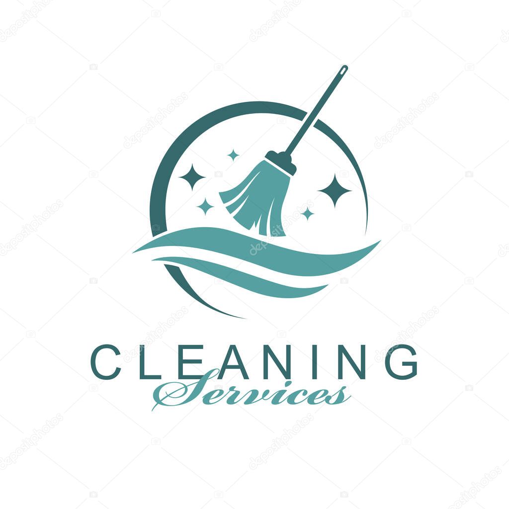 Cleaning service design with broom and water splash isolated on white background
