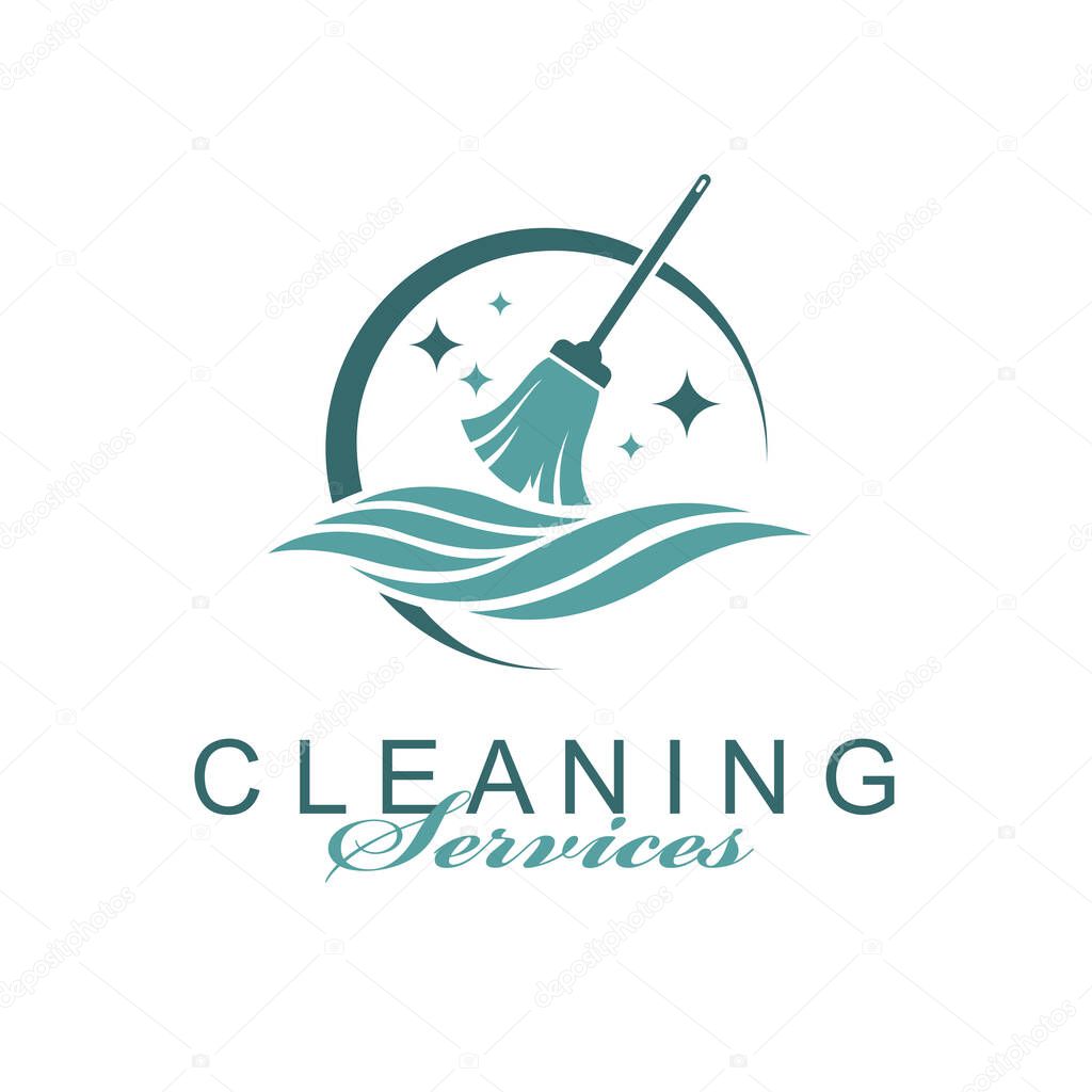 Cleaning service design with broom and water splash isolated on white background