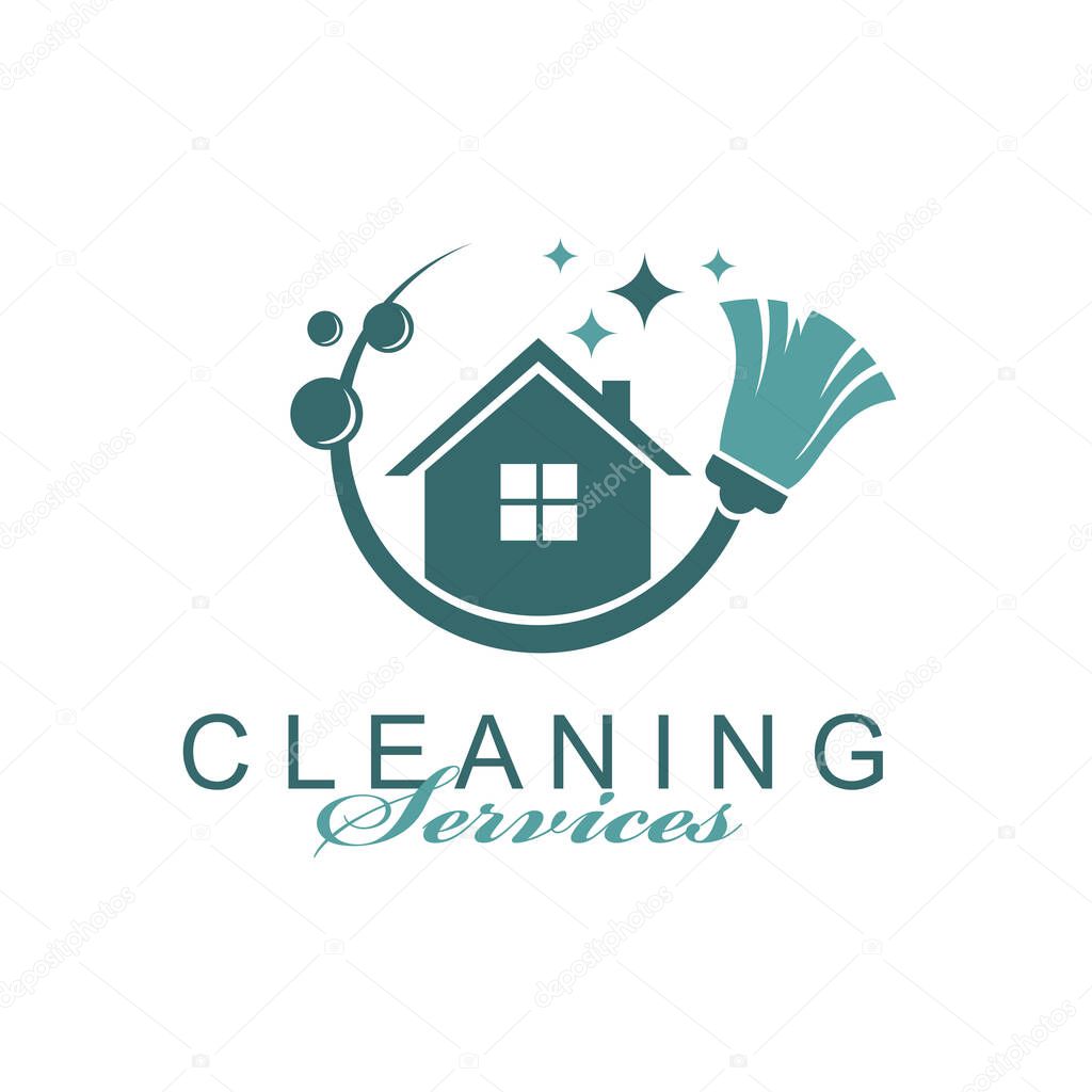Cleaning service design with house and broom isolated on white background