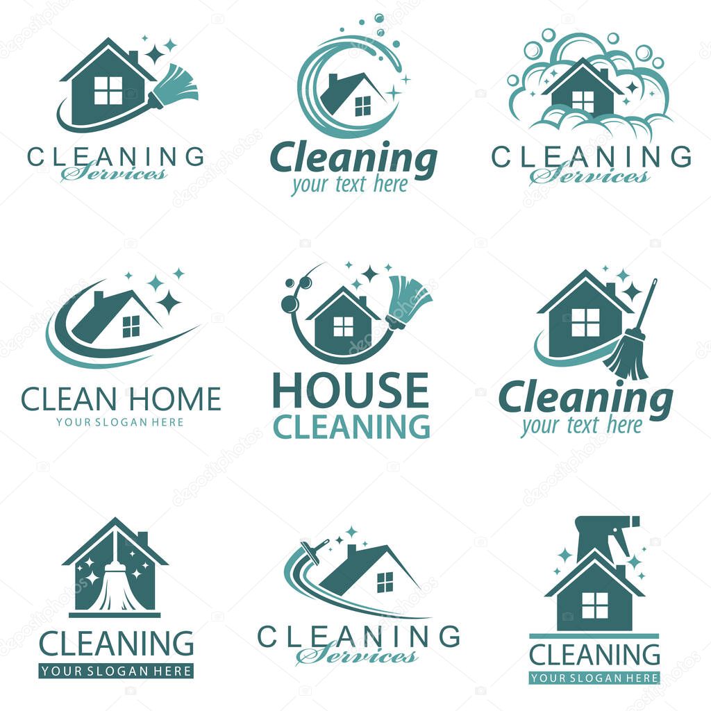 Collection of cleaning service design with house and broom isolated on white background