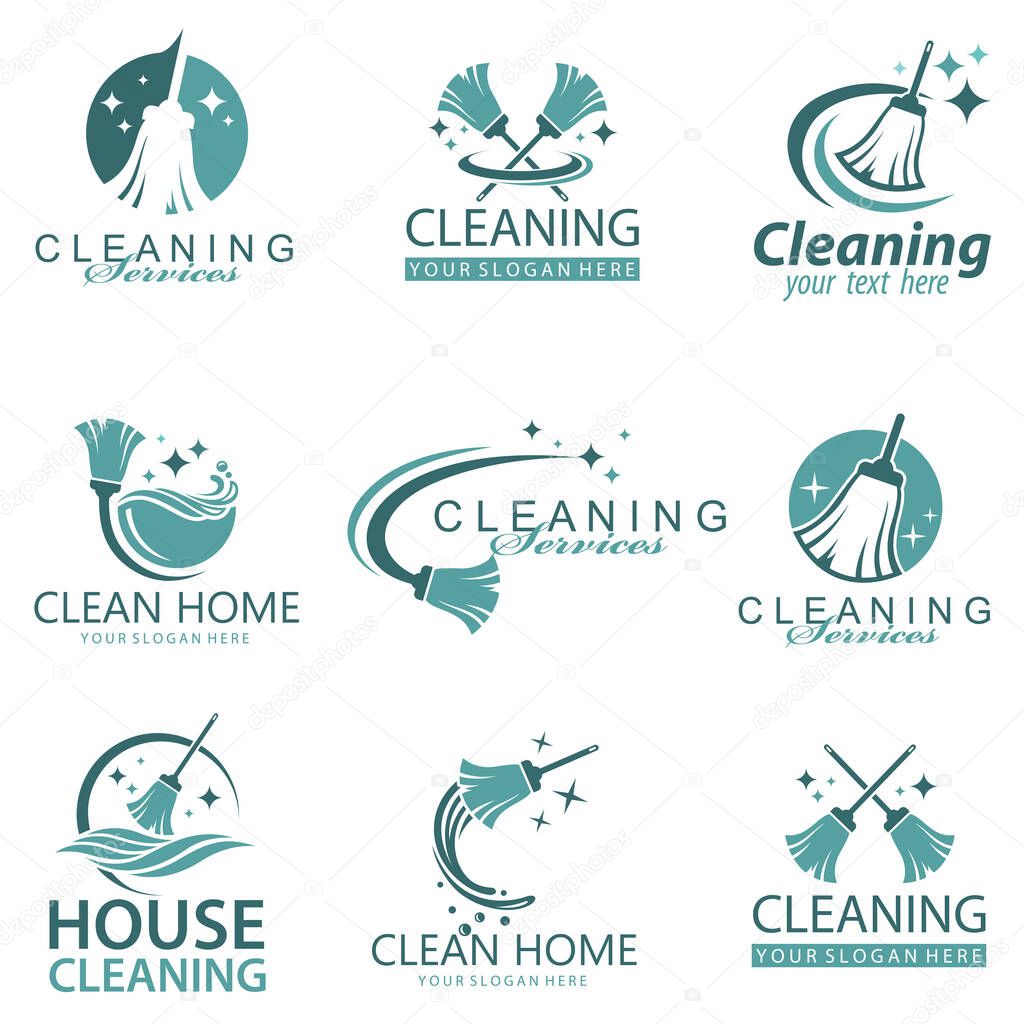 Collection of cleaning service design with broom isolated on white background