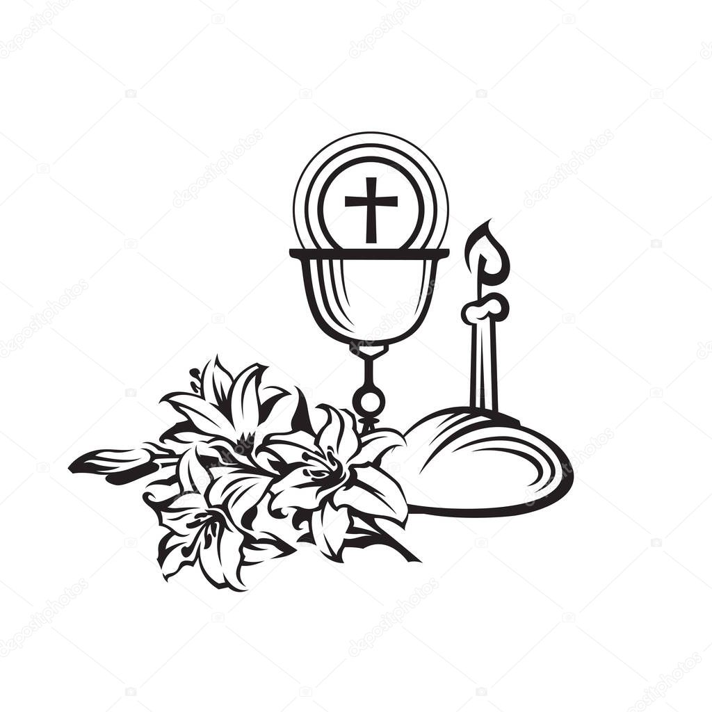 Holy communion icon with lily, chalice, candle and bread isolated on white background