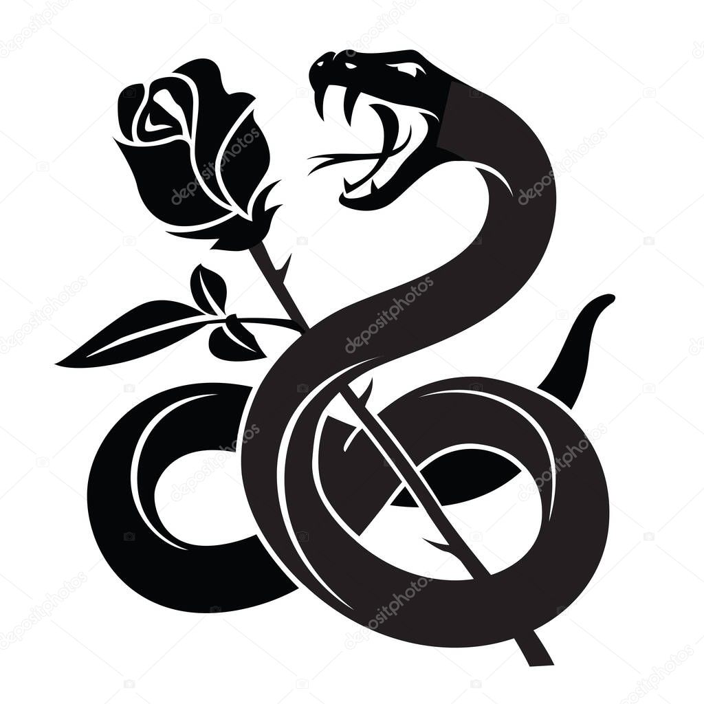 Black snake with rose isolated on white background