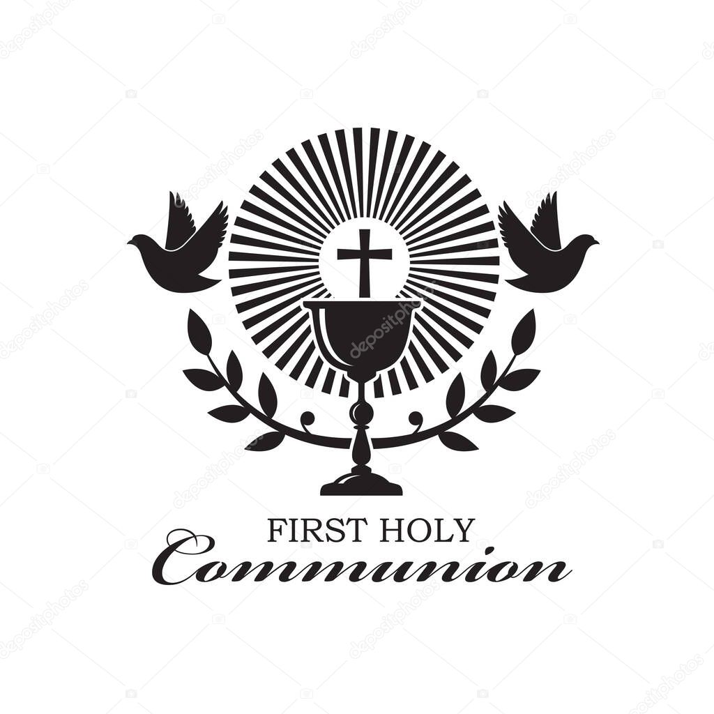 Holy communion icon with chalice and doves isolated on white background
