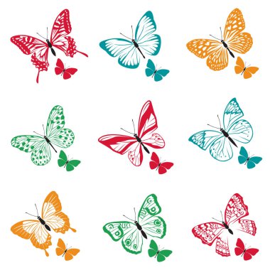 Beyaz arka planda izole edilmiş farklı uçan kelebek koleksiyonu