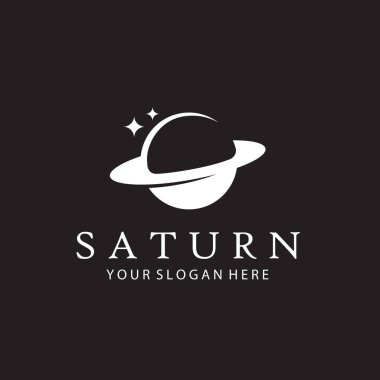 Satürn gezegeninin beyaz tasarımı ve siyah arka planda izole edilmiş yıldızlar.