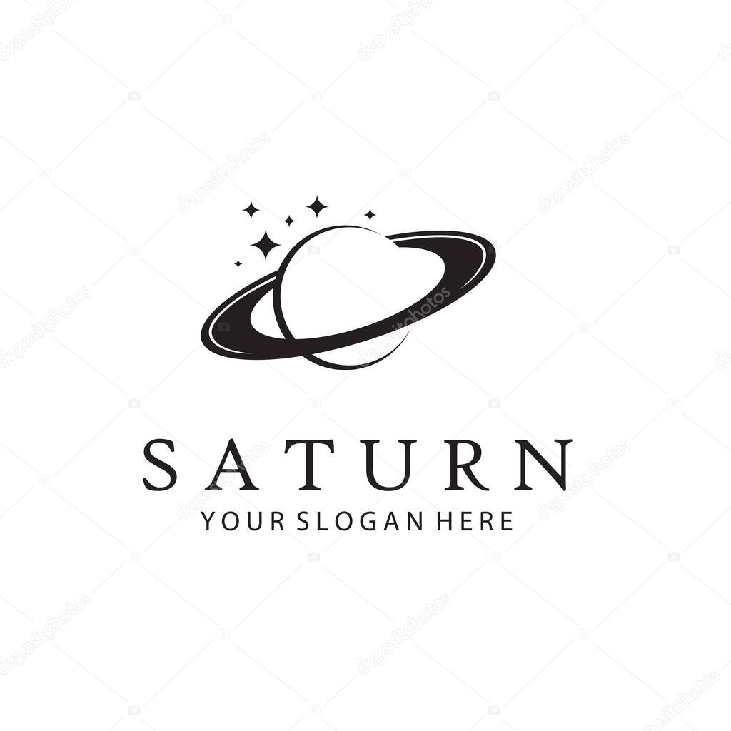 Monochrome design of planet saturn with stars isolated on white background
