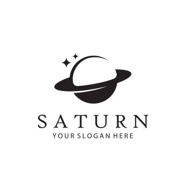 Satürn gezegeninin tek renkli tasarımı ve beyaz arkaplanda izole edilmiş yıldızlar.