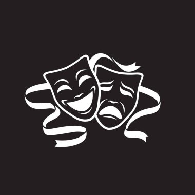 Siyah arka planda izole edilmiş komedi ve trajedi teatral maskeler ikonu