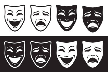 Beyaz ve siyah arka planda izole edilmiş komedi ve trajedi tiyatro maskeleri koleksiyonu