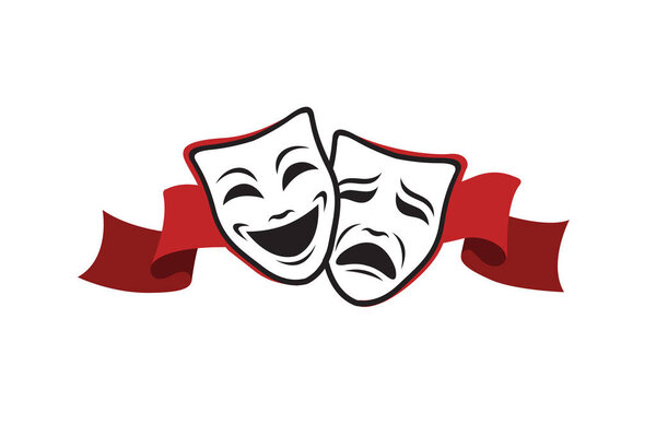 икона комедии и трагедии театральные маски с ленточкой на белом фоне