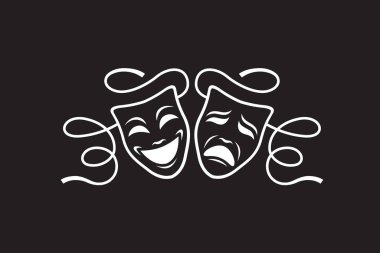 Siyah arka planda izole edilmiş komedi ve trajedi teatral maskeler ikonu
