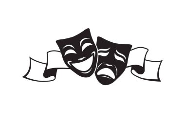 Beyaz arka planda izole edilmiş kurdeleli komedi ve trajedi teatral maskeler ikonu
