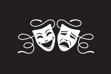 Siyah arka planda izole edilmiş komedi ve trajedi teatral maskeler ikonu