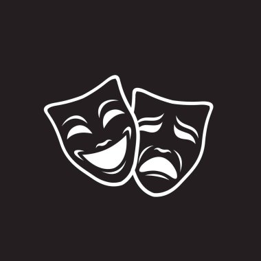 Siyah arka planda izole edilmiş komedi ve trajedi teatral maskeler ikonu