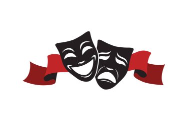 Beyaz arka planda izole edilmiş kurdeleli komedi ve trajedi teatral maskeler ikonu