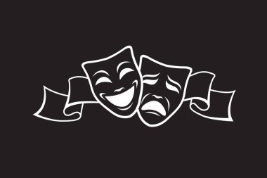 Siyah arka planda izole edilmiş kurdeleli komedi ve trajedi teatral maskeler ikonu
